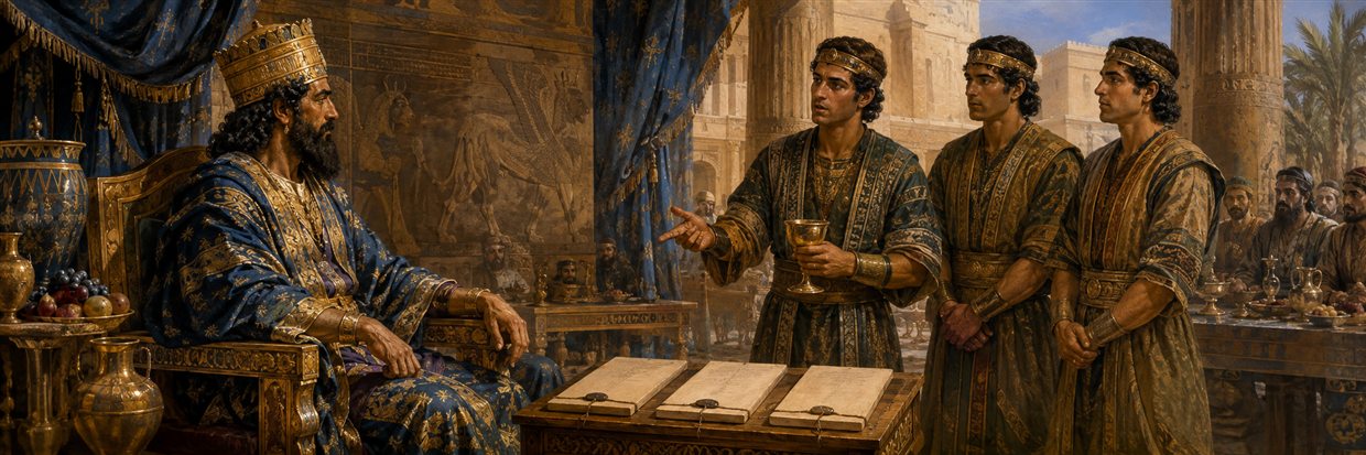 Three guards present sealed answers to King Darius while the first begins arguing that wine is strongest